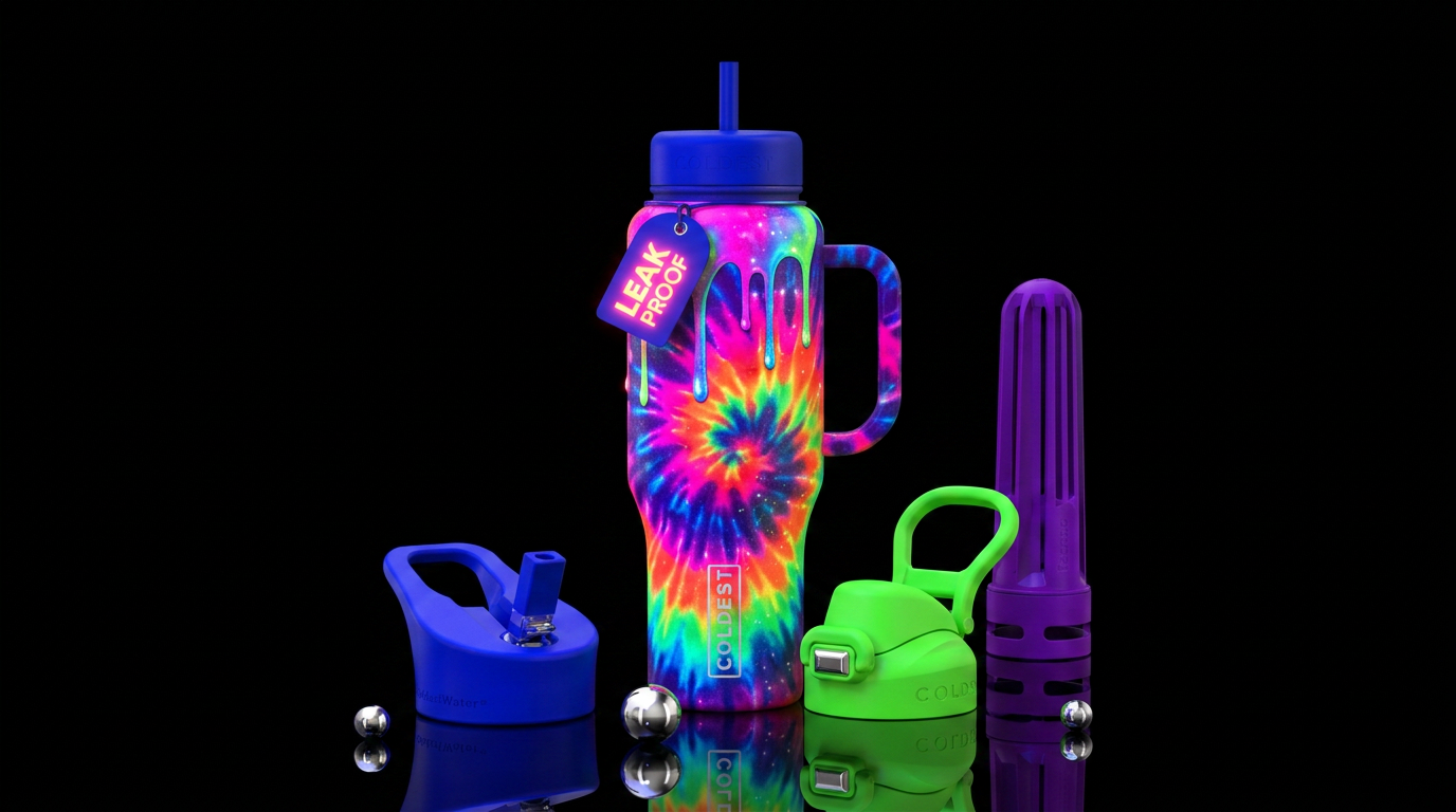 Neon bright tie dye,shimmers,dripping,, glowie water bottle design