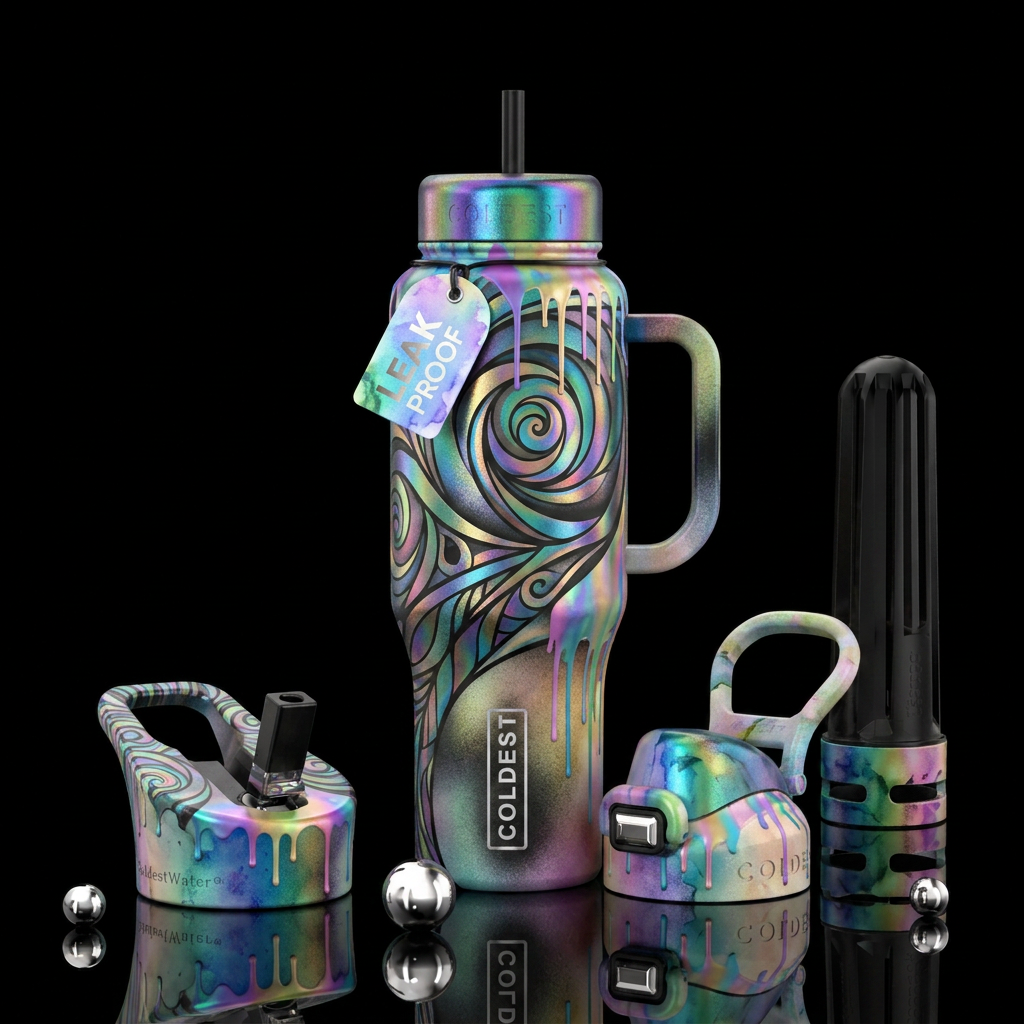 iridescent, harmonious, shiny, dripping, matte, sw... water bottle design