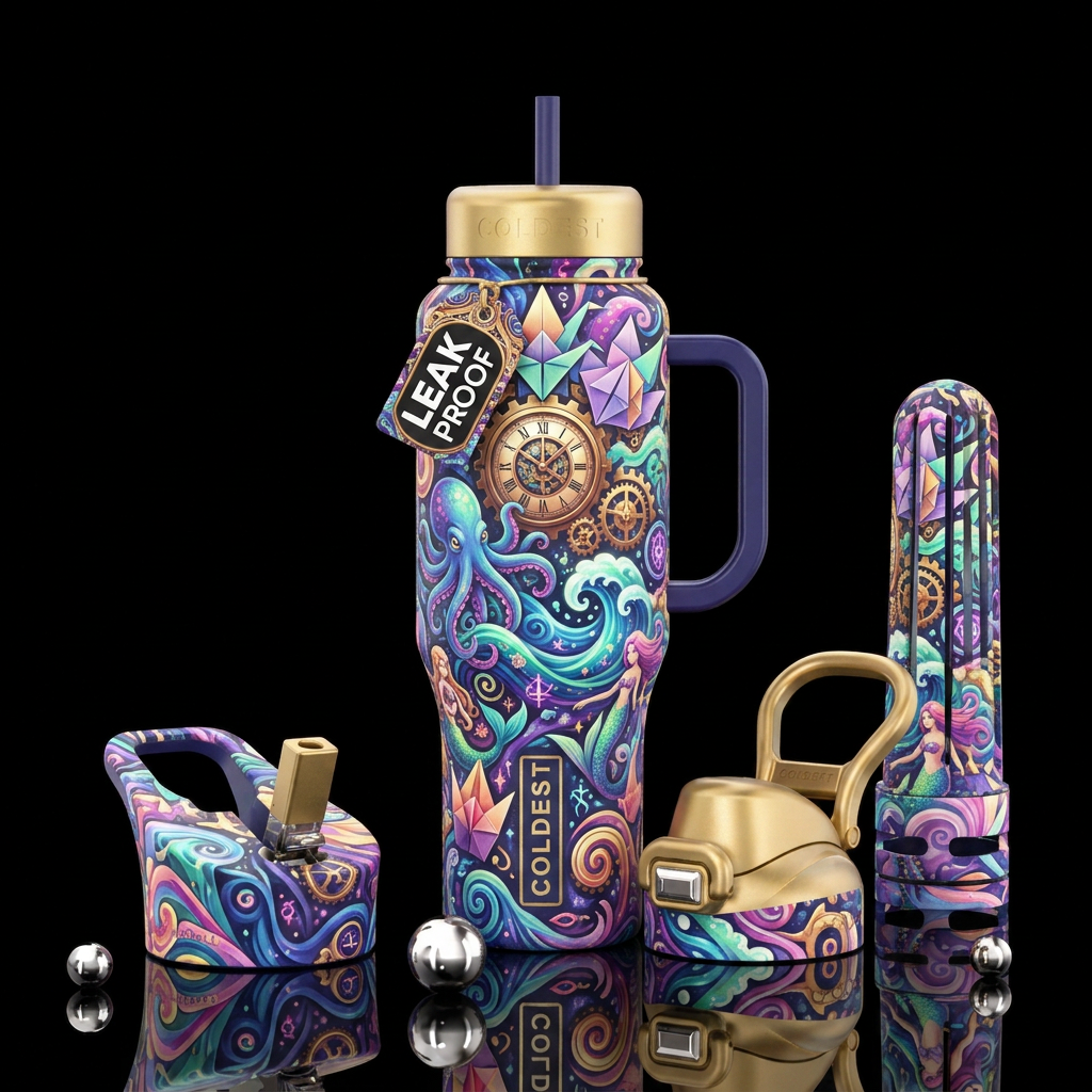 extravagant, generative, origami, clockpunk, ocean... water bottle design