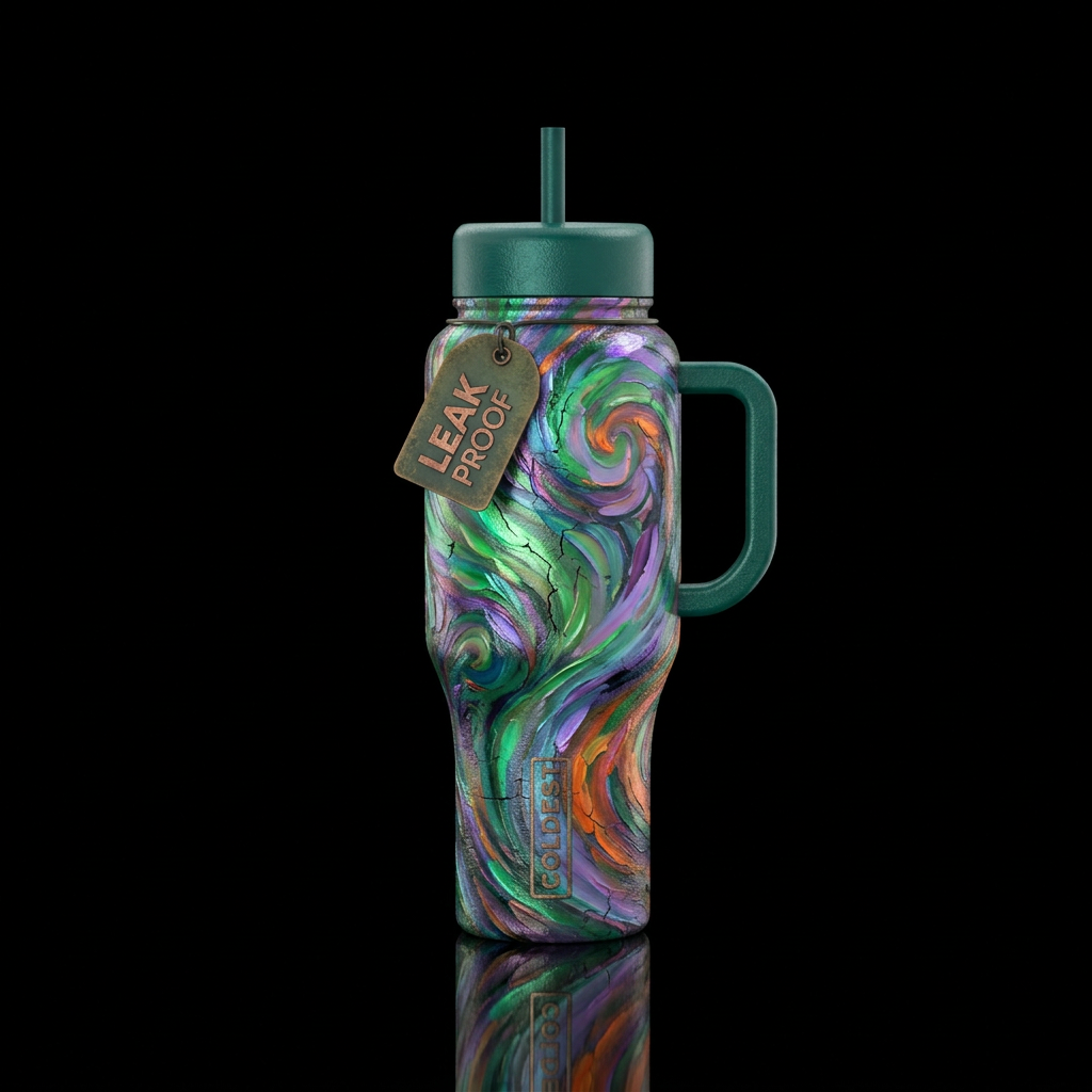 glowie, vintage, irridescent, oil painted water bottle design