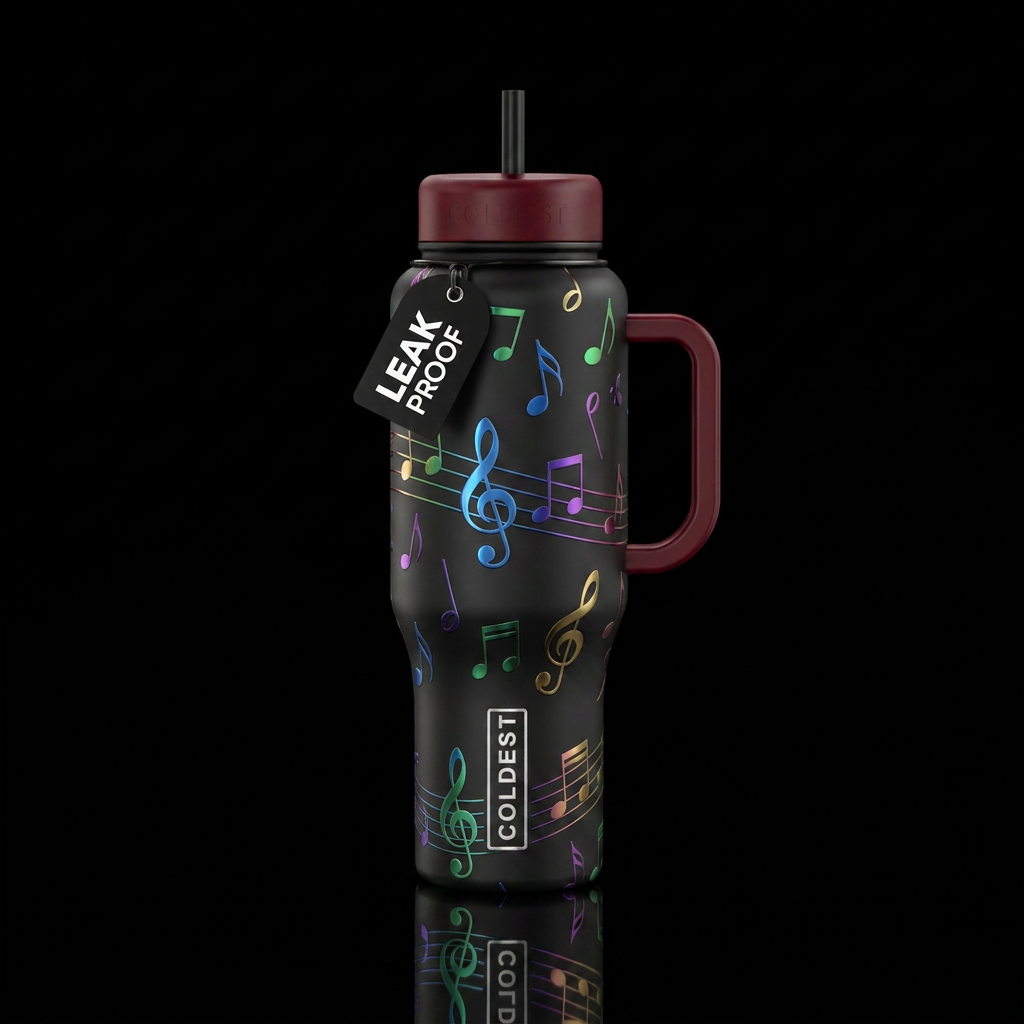 music notes water bottle design