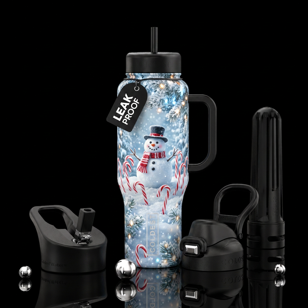 A cheerful snowman surrounded by candy canes in a ... water bottle design