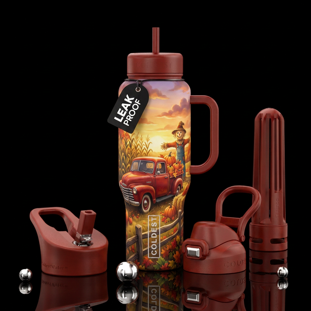 A vintage red pickup surrounded by pumpkins, hay b... water bottle design