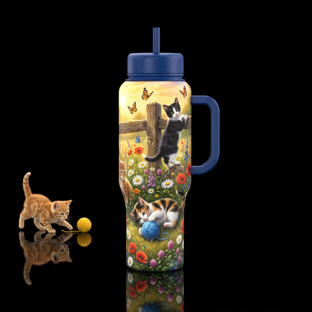 Playful cats chasing colorful balls of yarn throug... water bottle design