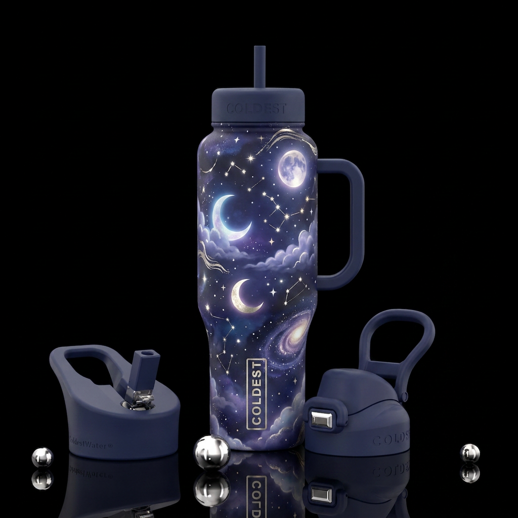 A dreamy celestial sky filled with glowing moons, ... water bottle design