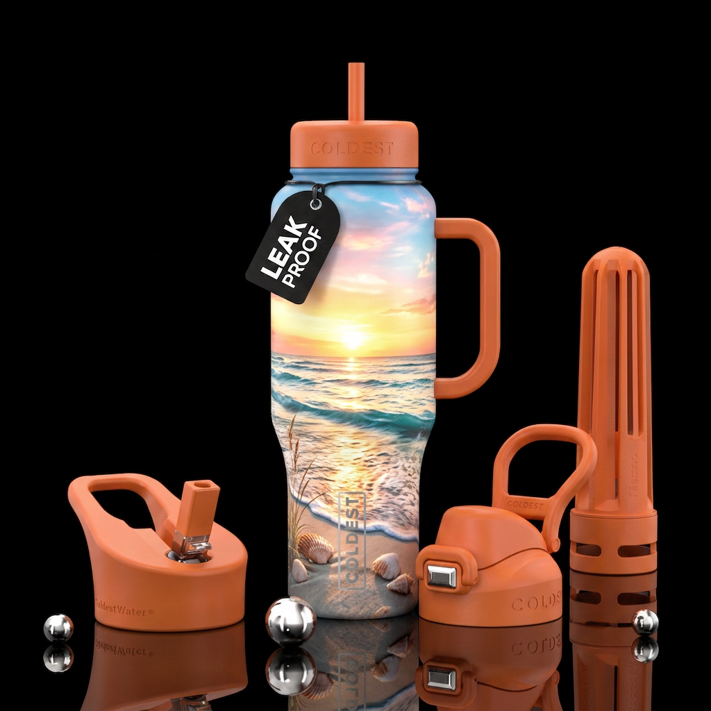 A peaceful beach at sunset with rolling waves, sca... water bottle design