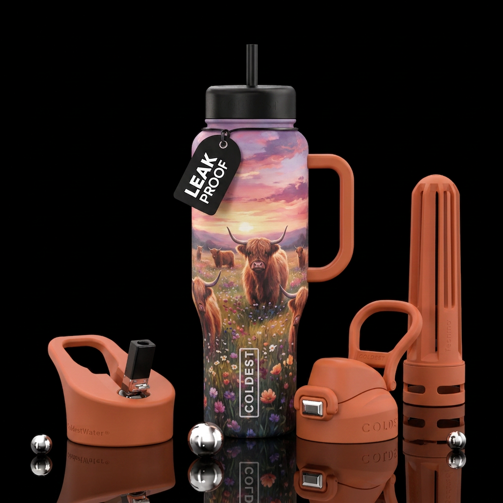 Highland Moo – Fluffy Highland cows in a wildflowe... water bottle design