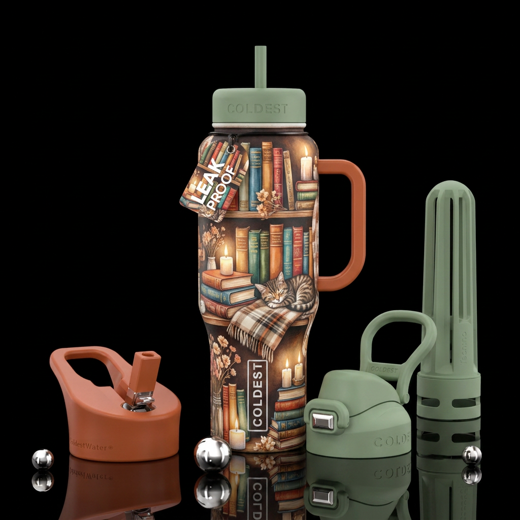 Cozy Book Nook – Stacked books, candles, flowers, ... water bottle design