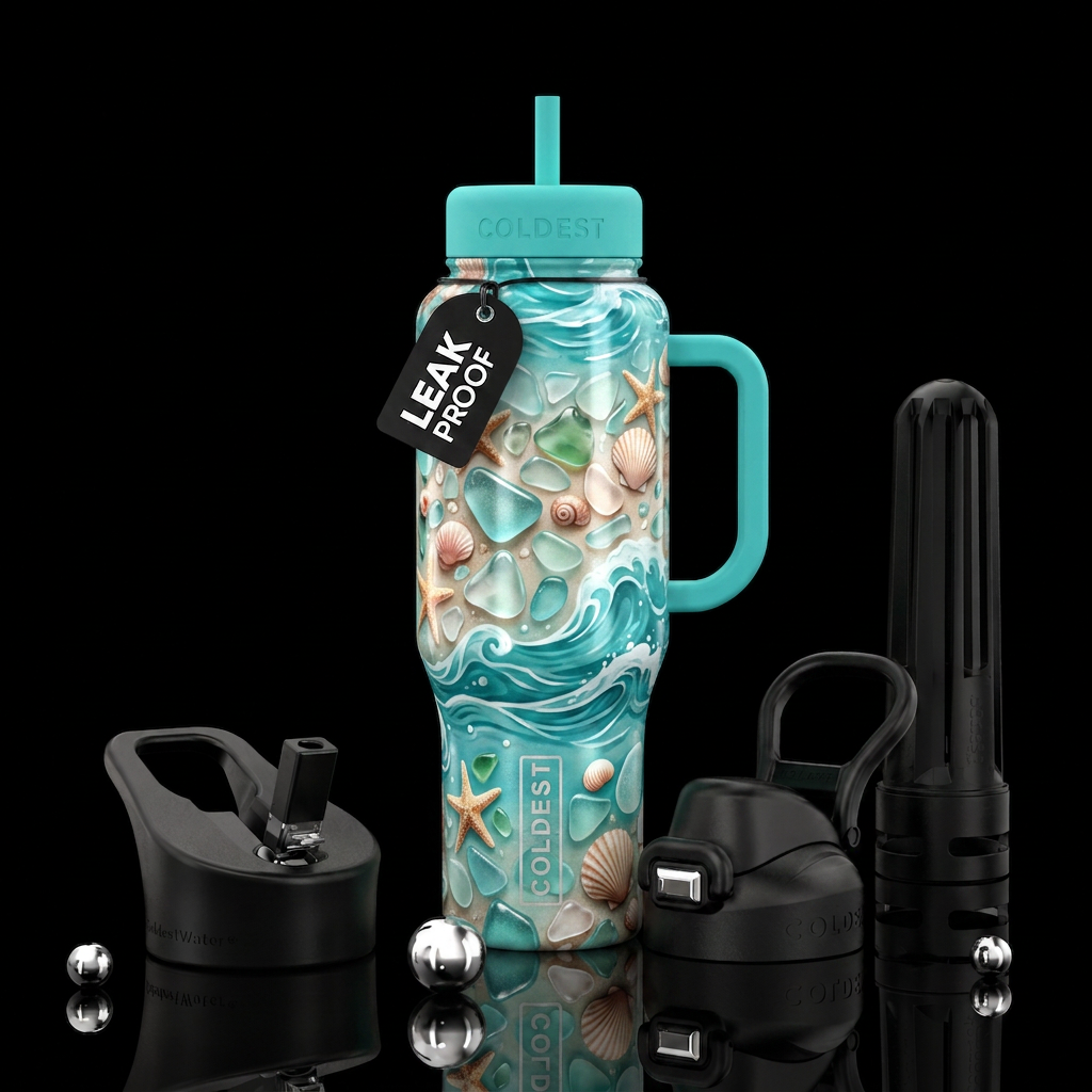 Sea Glass Shores – Sea glass, shells, starfish, an... water bottle design