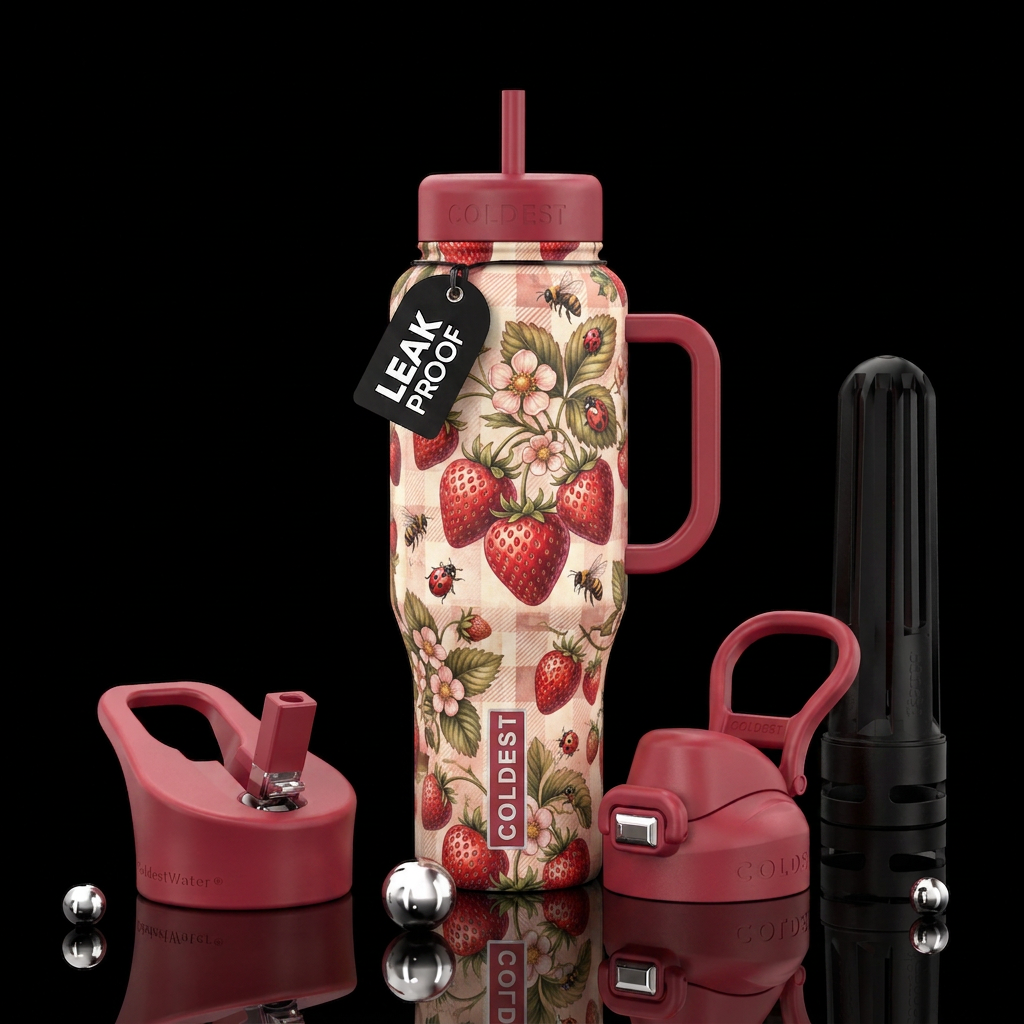 Strawberry Patch – Ripe strawberries, blossoms, la... water bottle design