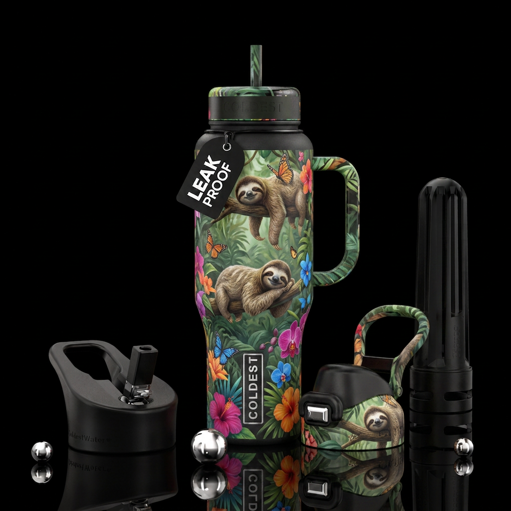 Sleepy sloths lounging on tree branches with tropi... water bottle design