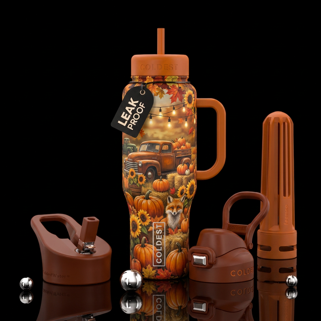 Cozy pumpkin patch with vintage trucks, stacked pu... water bottle design