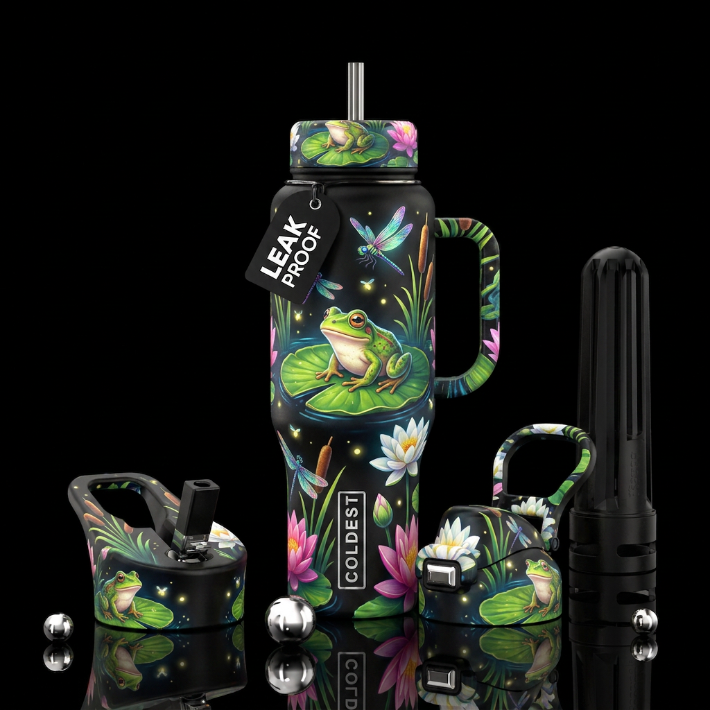Cute frogs on lily pads surrounded by glowing drag... water bottle design