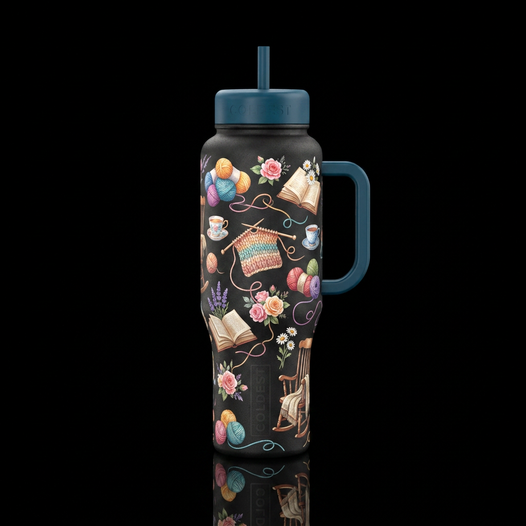 Yarn, knitting needles, tea, books, flowers, and a... water bottle design
