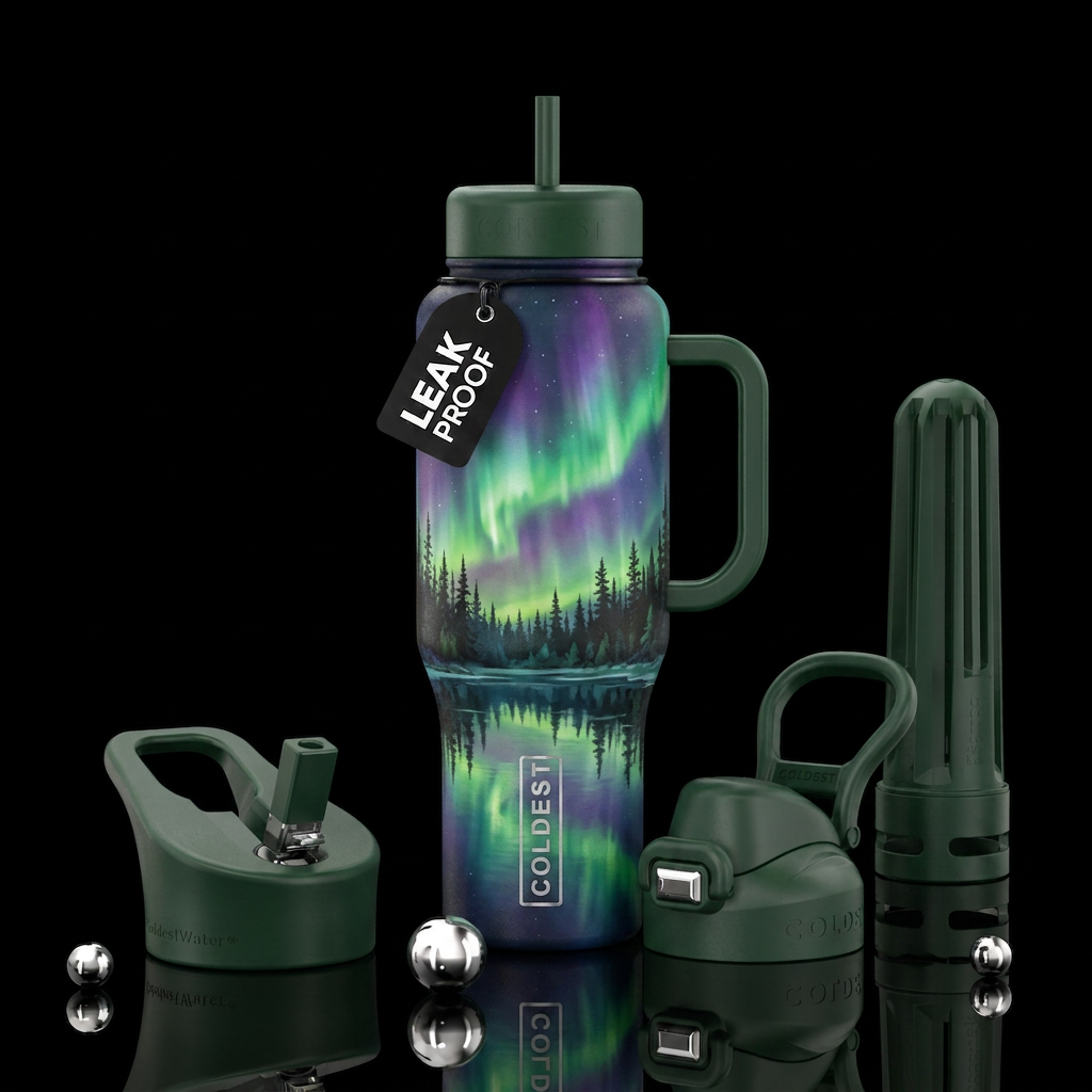 Northern lights above pine trees reflected in a qu... water bottle design