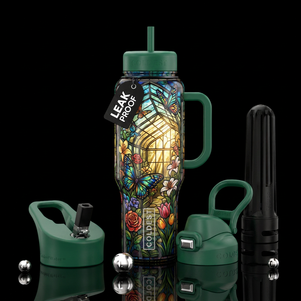 Butterflies, flowers, stained glass, and sunlight ... water bottle design
