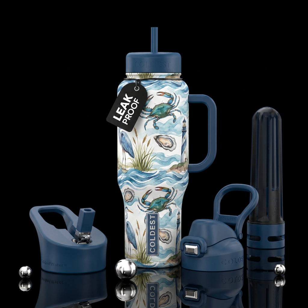 Elegant blue crabs, oysters, marsh grass, herons, ... water bottle design
