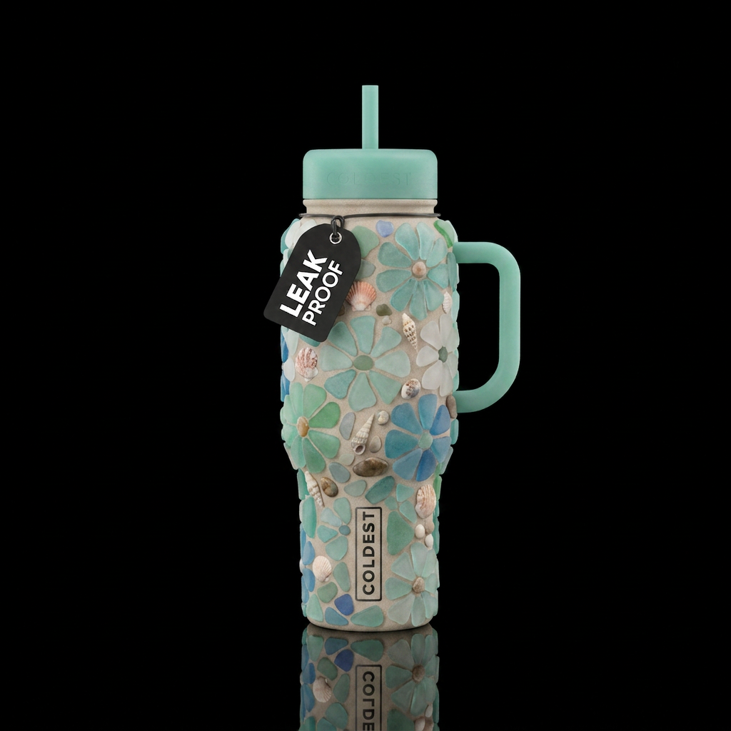 “Frosted sea glass arranged into delicate coastal ... water bottle design