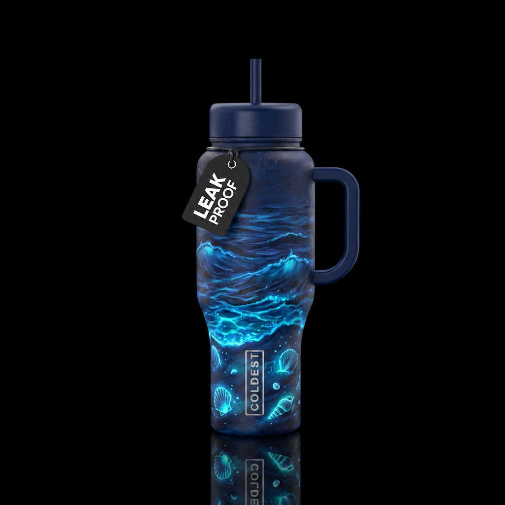 Midnight Tide. “Dark ocean waves glowing with blue... water bottle design