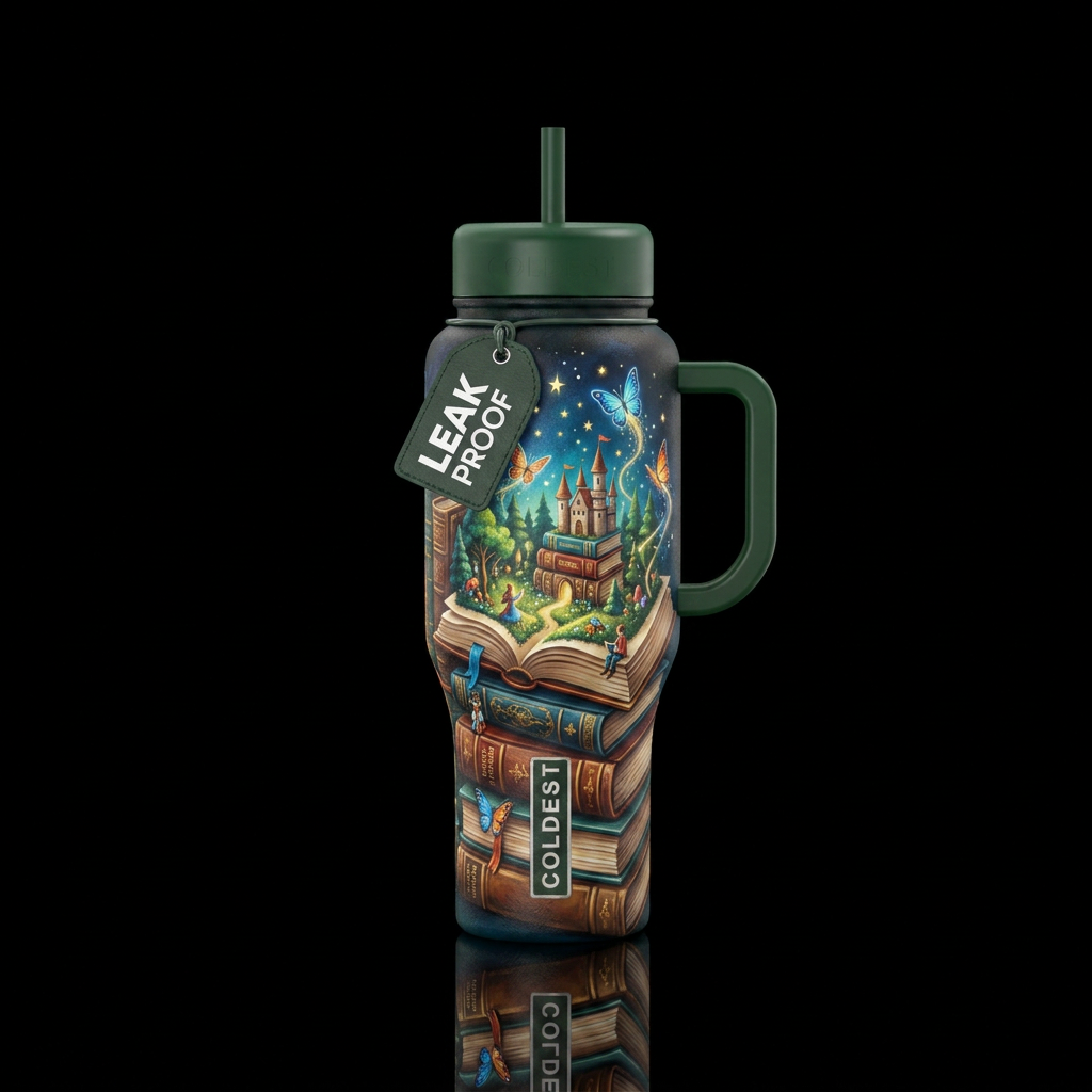 Storyboard “Vintage books with tiny enchanted worl... water bottle design