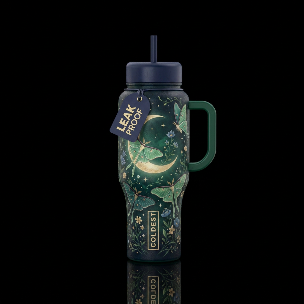 MOON MOTH Prompt: “Luna moths dancing around a glo... water bottle design