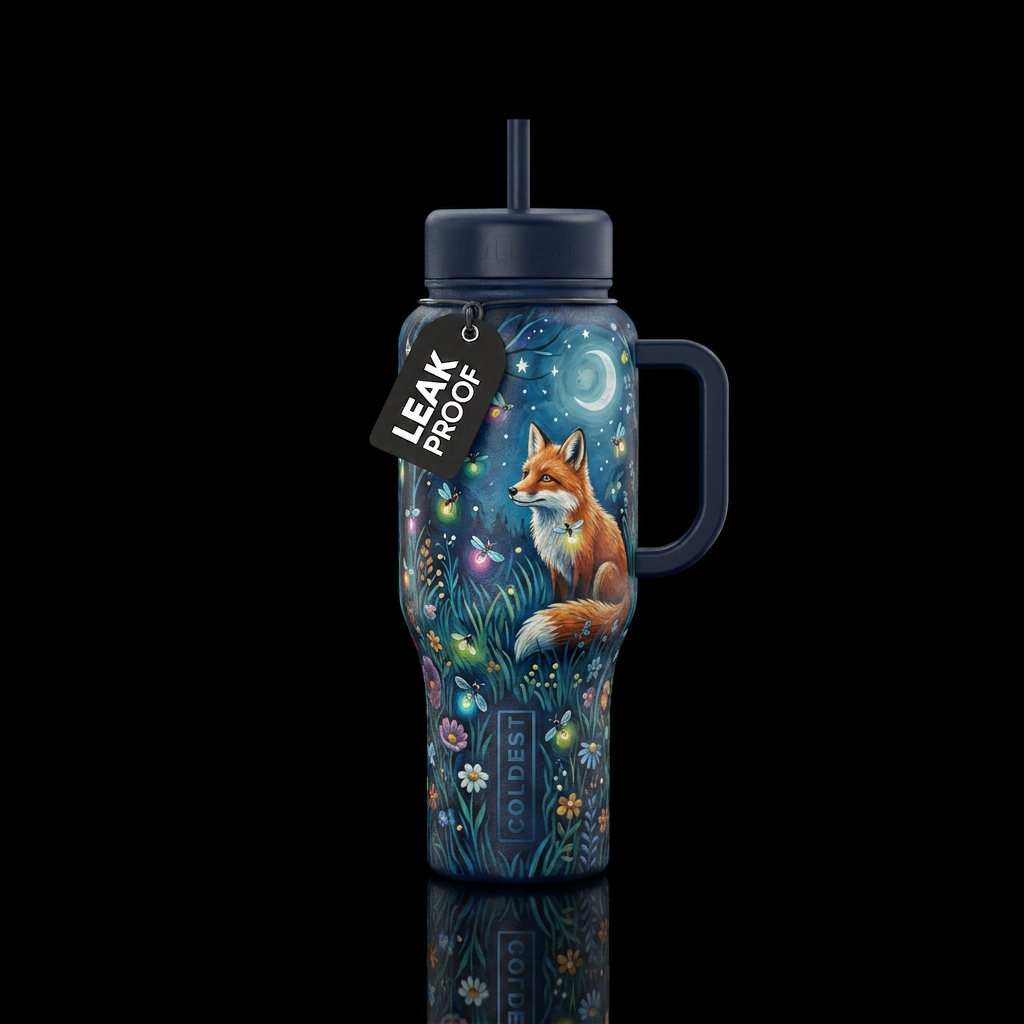 Firefly Fox “Curious red fox in a moonlit meadow s... water bottle design