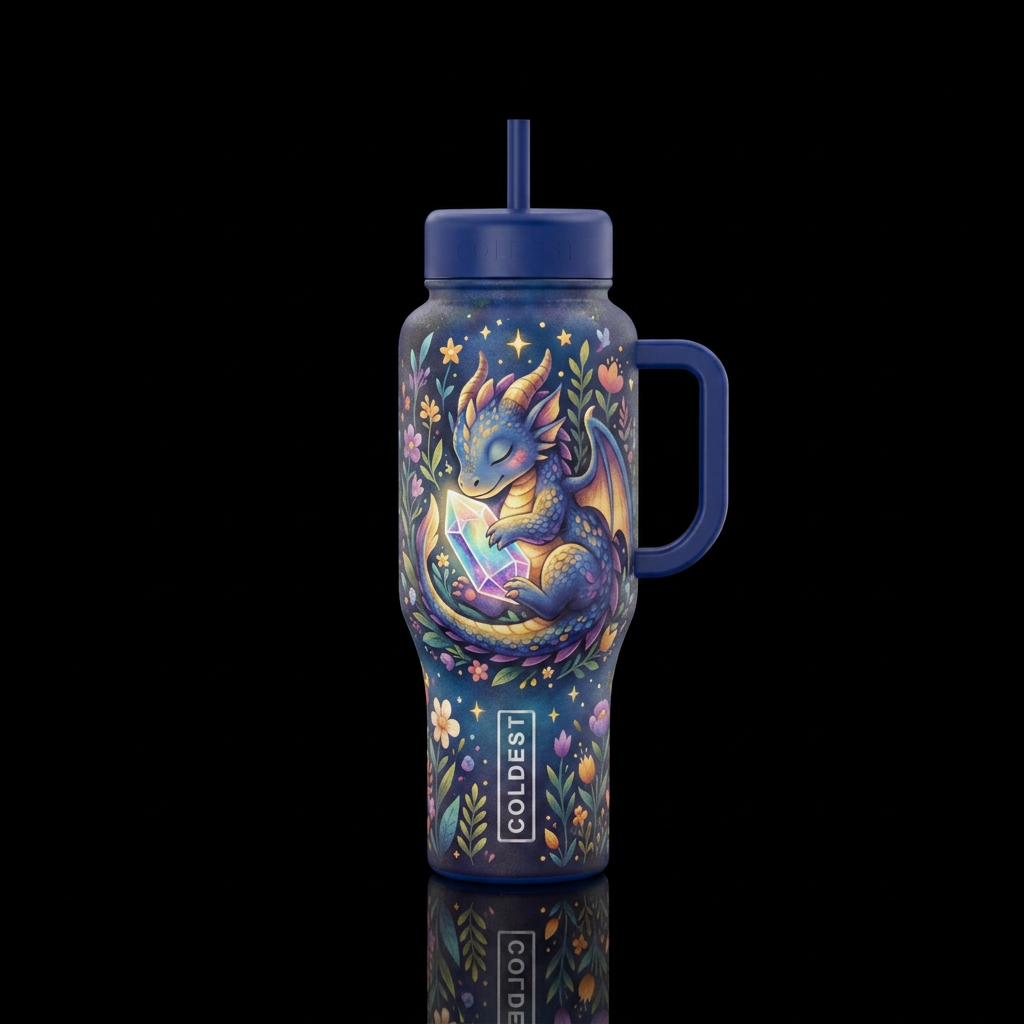 Dragon dreams  “Sleepy baby dragon curled around a... water bottle design
