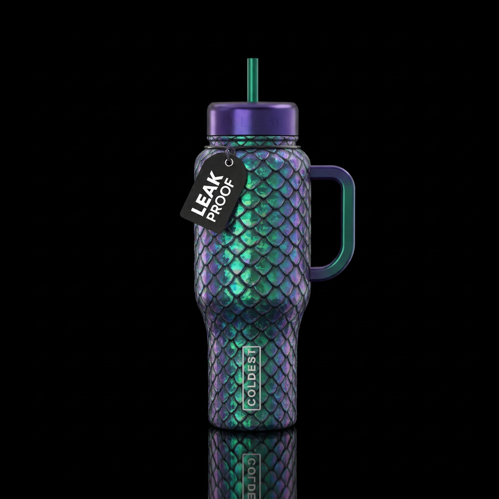 Black opal dragon scales, emerald, teal and violet... water bottle design