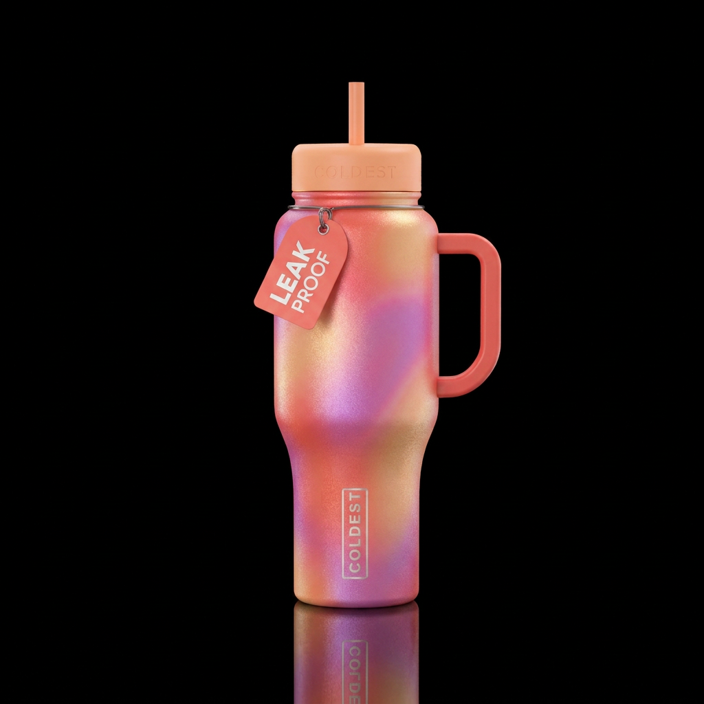 Coral, magenta and golden peach aura gradient with... water bottle design