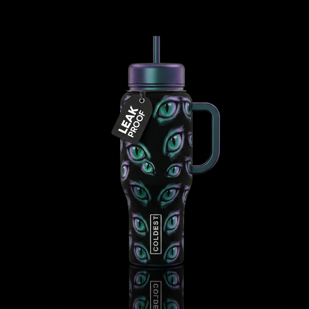 Iridescent cat eyes on black, emerald, teal and vi... water bottle design