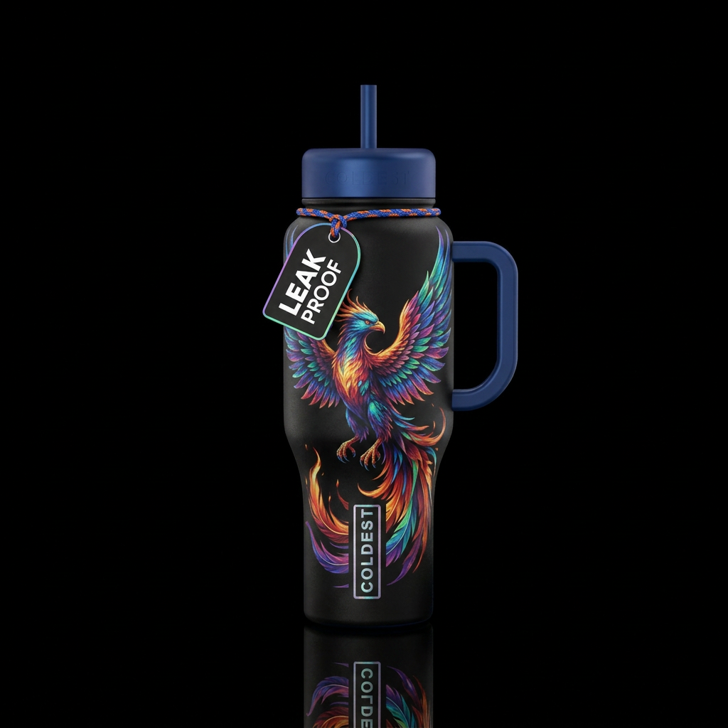 Opal phoenix, fiery wings, black background, iride... water bottle design