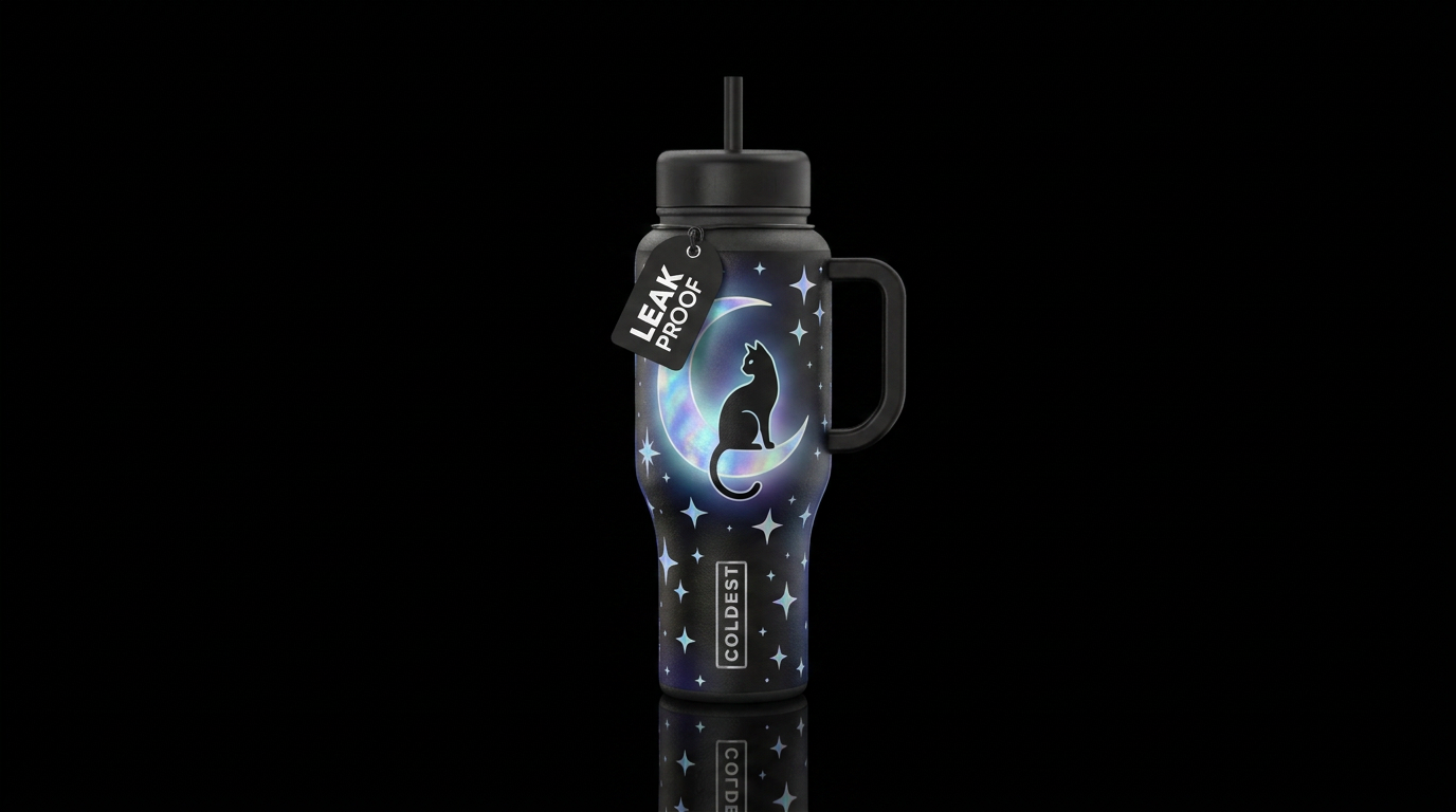 Black cat silhouette, crescent moon, moonstone iri... water bottle design