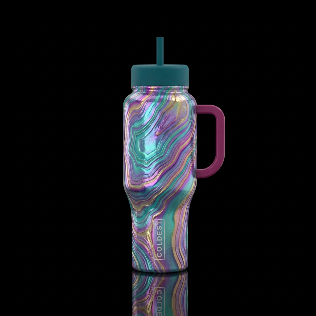 Iridescent agate layers, teal, violet, magenta and... water bottle design
