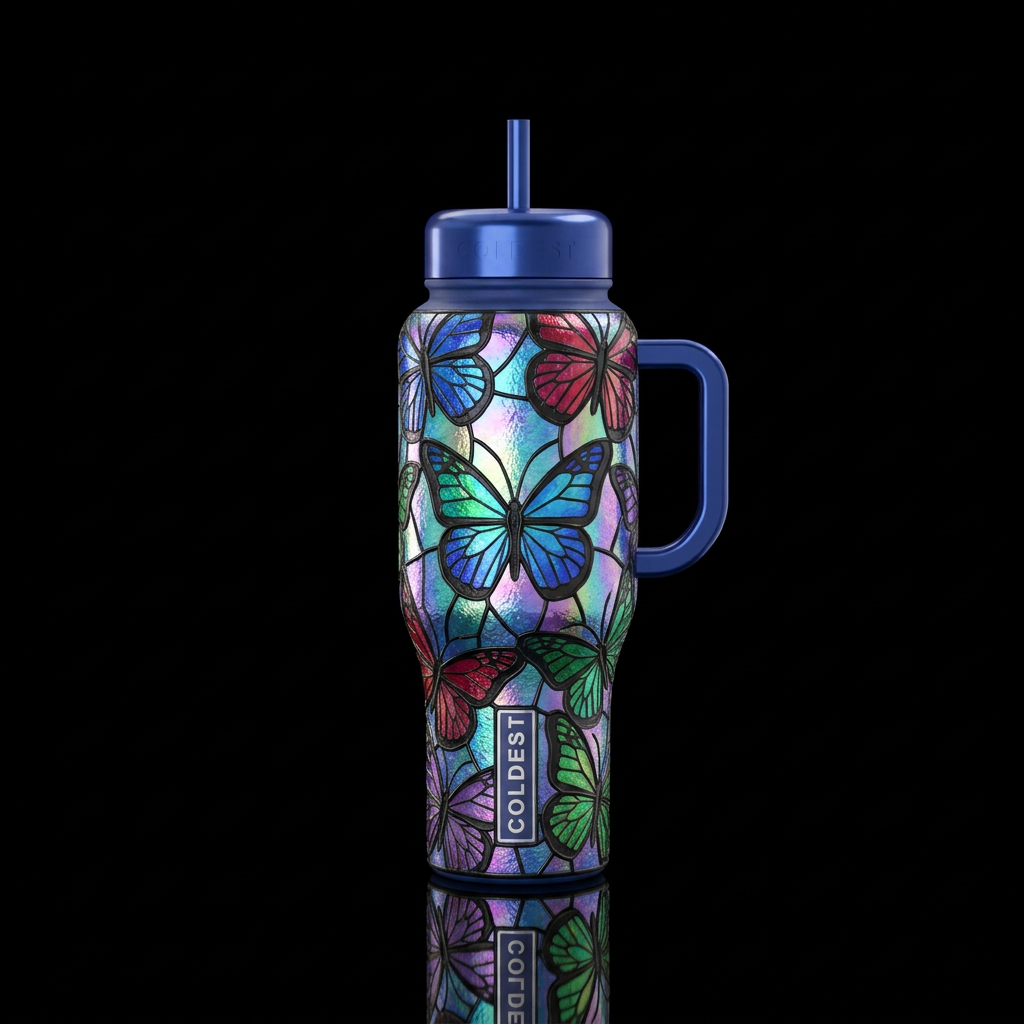 Stained glass butterflies, jewel tones, black lead... water bottle design
