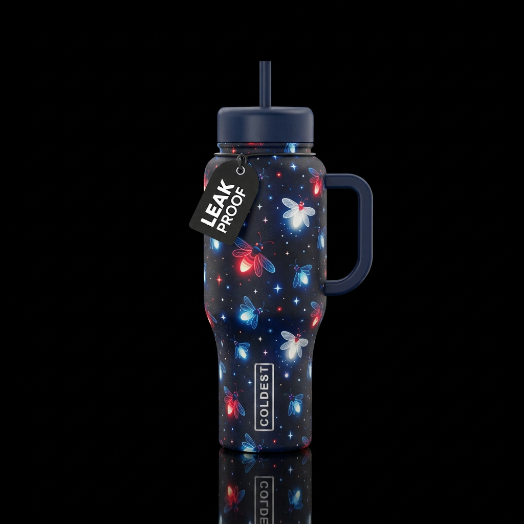 Magical red white and blue fireflies, glowing star... water bottle design