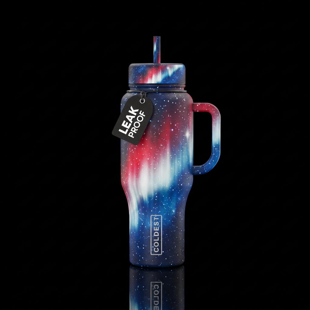 Magical red white and blue aurora, sparkling stars... water bottle design