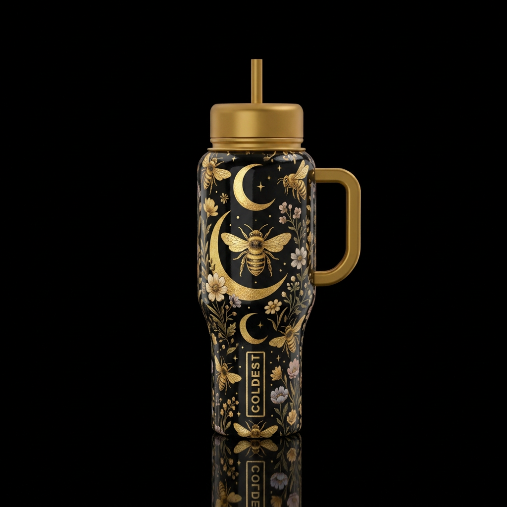 Golden honeybees, crescent moons, wildflowers, bla... water bottle design