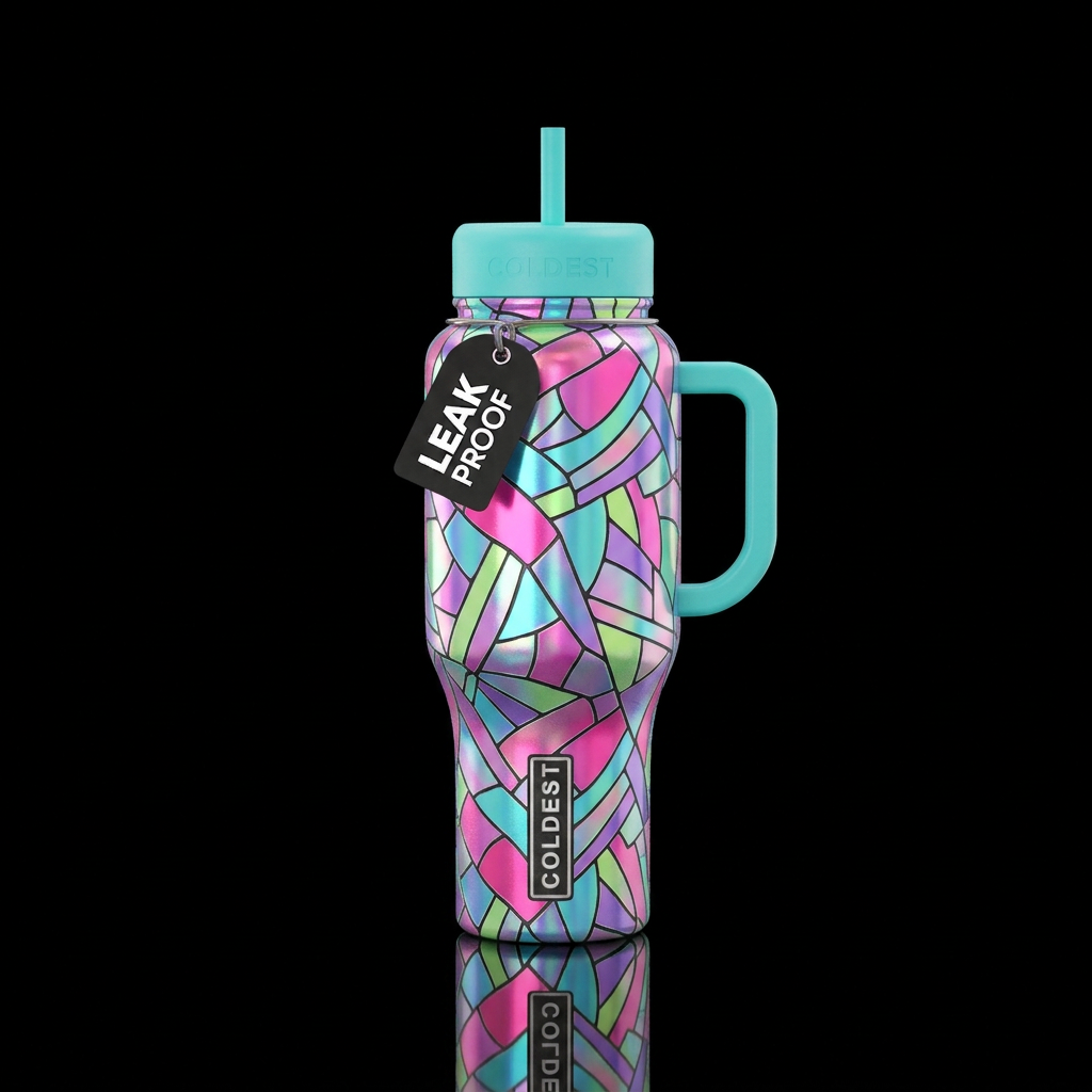 Iridescent stained glass candy colors, hot pink, a... water bottle design
