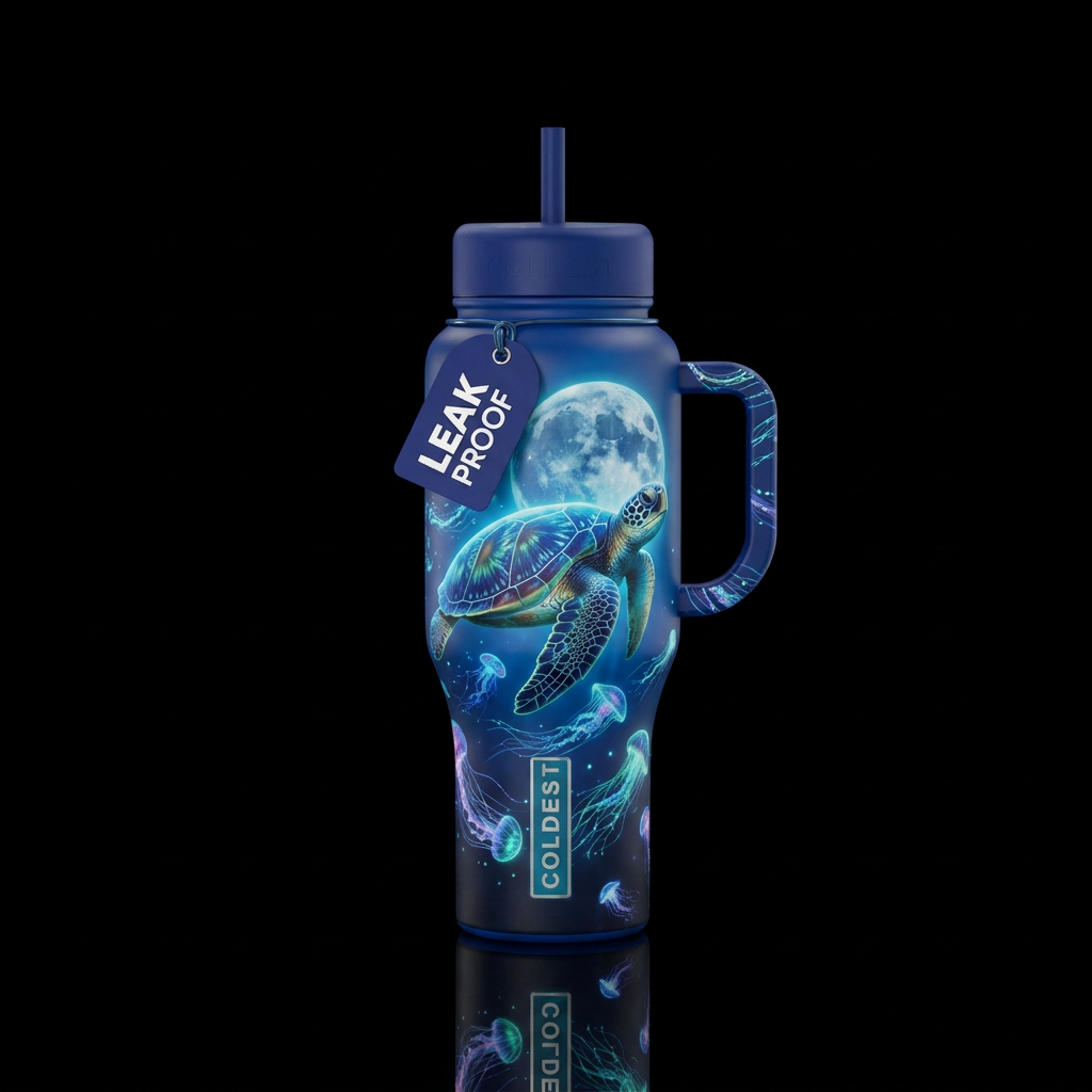 Sea turtle swimming through glowing bioluminescent... water bottle design