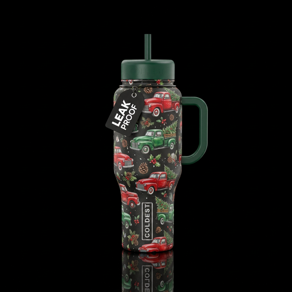 Vintage christmas trucks water bottle design