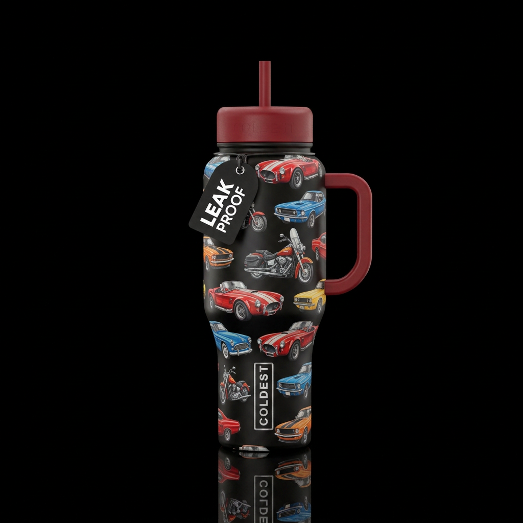 Vintage cars and motorcycles with black background water bottle design