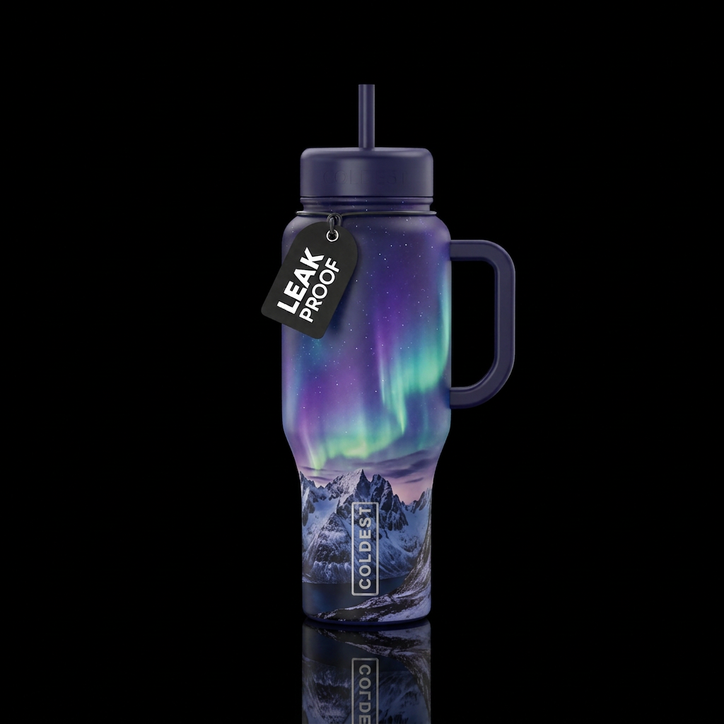Aurora borealis over mountain scene water bottle design