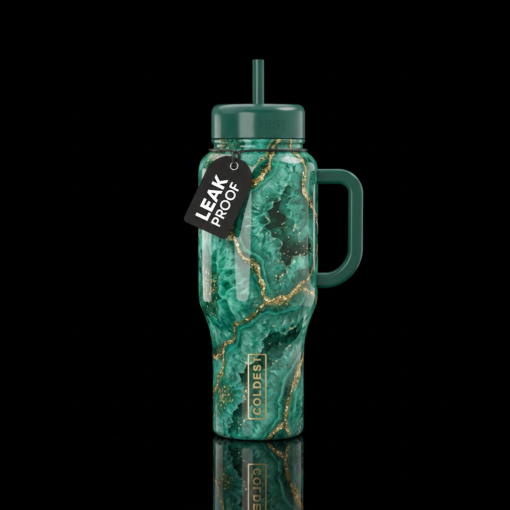 Rich jade colored geode with gold sparkles and acc... water bottle design
