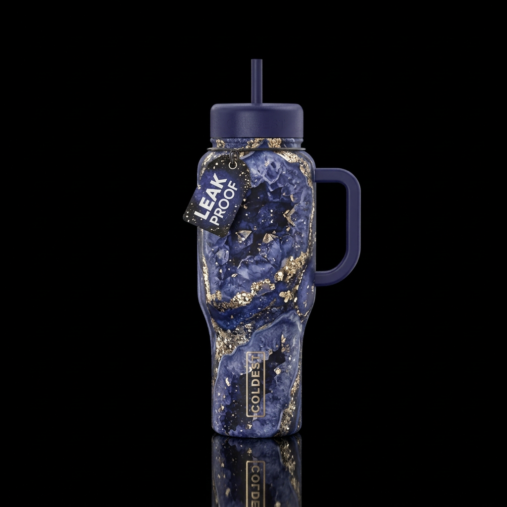 Indigo colored geode with metallic sparkles and ac... water bottle design