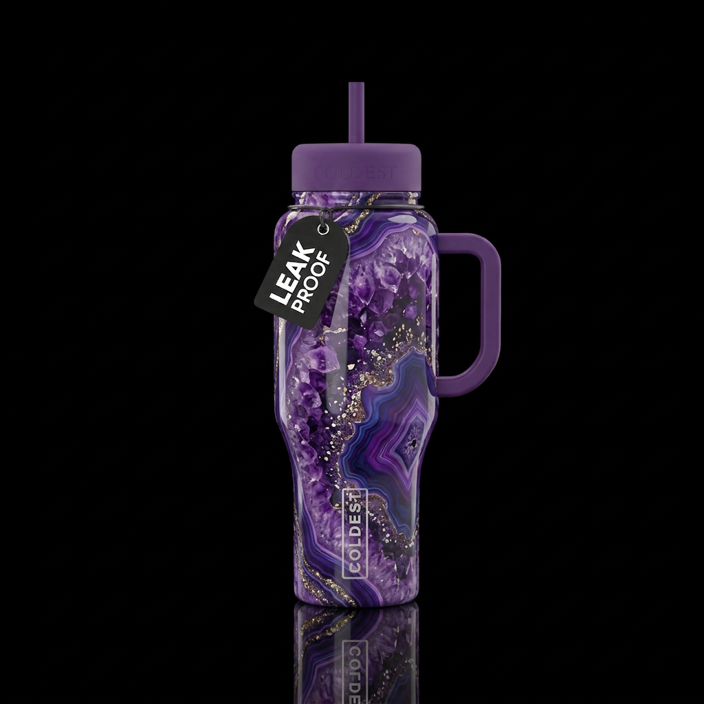 Rich purple colored geode with metallic sparkles a... water bottle design