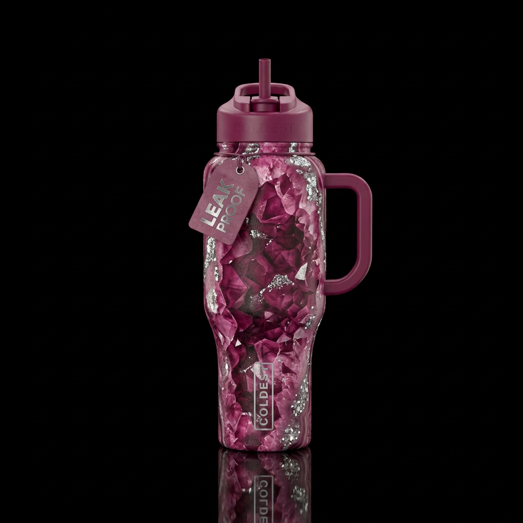 Deep fuschia colored geode with metallic sparkles ... water bottle design