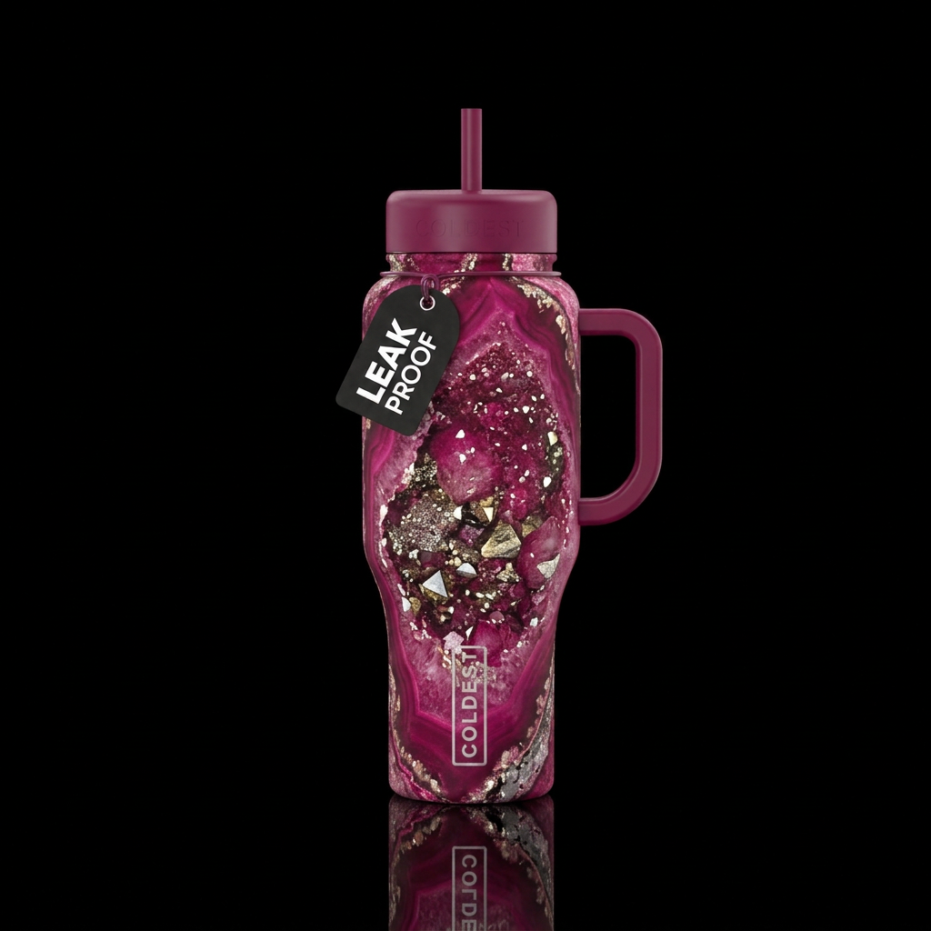 Deep fuschia colored geode with metallic sparkles ... water bottle design