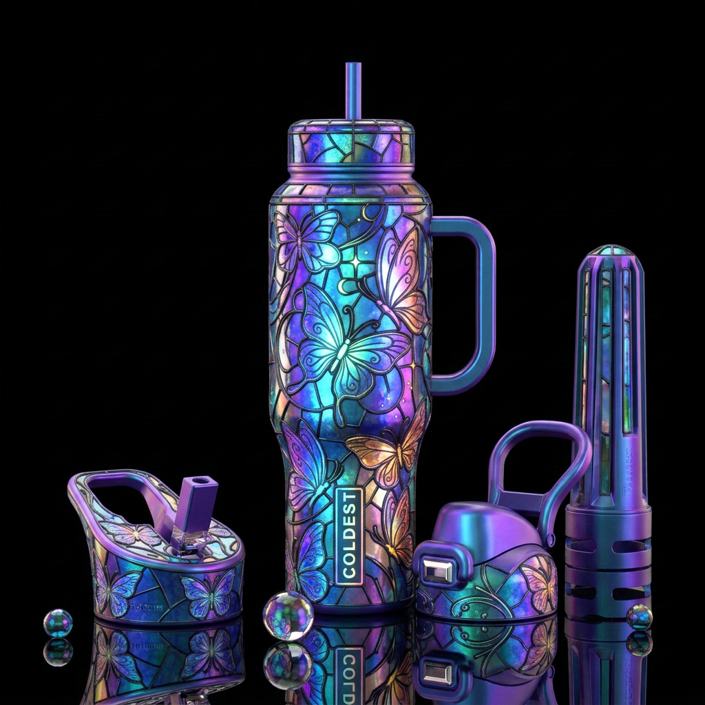Moonlight butterflies, neon, stained glass water bottle design