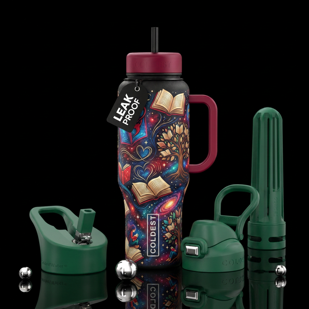 Books in motion water bottle design