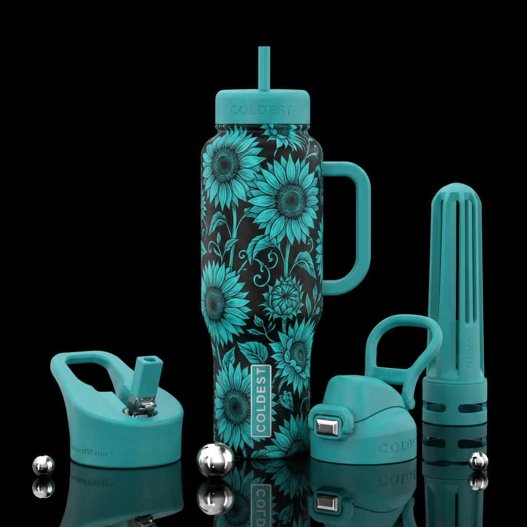 Teal sunflowers water bottle design